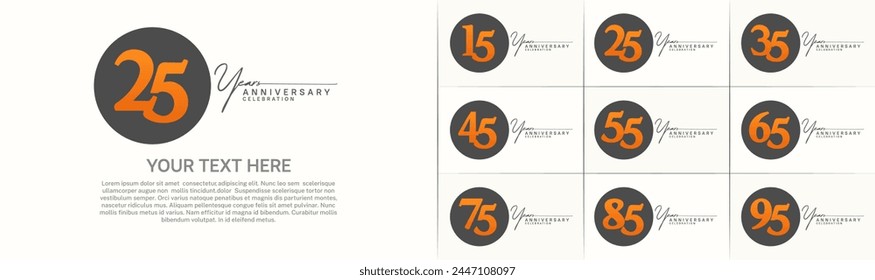 anniversary logotype set vector, black color circle and orange number for special day celebration