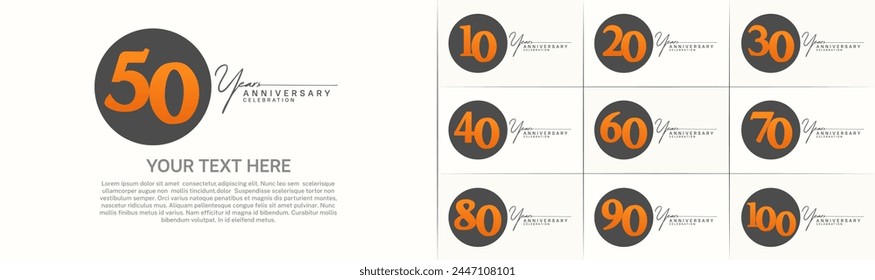 anniversary logotype set vector, black color circle and orange number for special day celebration