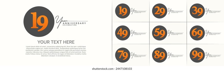 Vector del conjunto del logotipo del aniversario, círculo del color negro y número naranja para la celebración especial del día