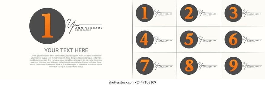 anniversary logotype set vector, black color circle and orange number for special day celebration