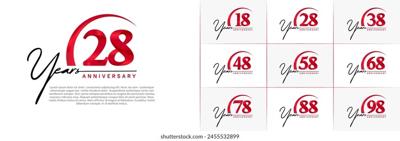 anniversary logotype set vector, black and red color with swoosh for special day celebration