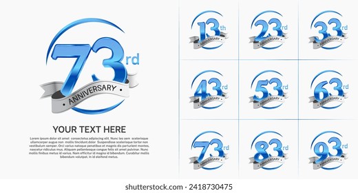 anniversary logotype set vector, blue color and silver ribbon for special day celebration