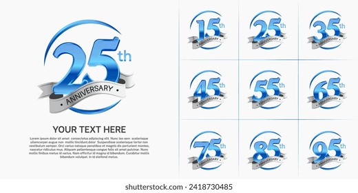 anniversary logotype set vector, blue color and silver ribbon for special day celebration