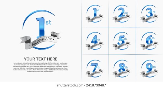 anniversary logotype set vector, blue color and silver ribbon for special day celebration
