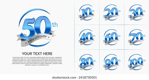 conjunto de logotipo de aniversario vector, color azul y cinta de plata para celebración de día especial