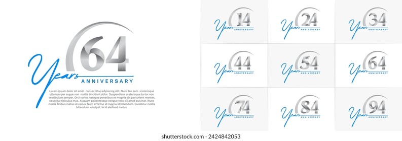 anniversary logotype set vector, blue and silver color with swoosh for special day celebration