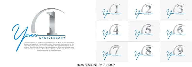 anniversary logotype set vector, blue and silver color with swoosh for special day celebration