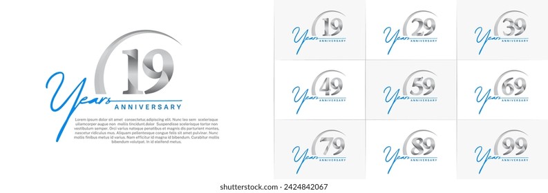 vector del conjunto del logotipo del aniversario, color azul y plateado con swoosh para la celebración especial del día