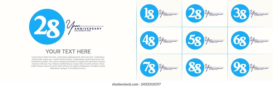 anniversary logotype set vector, blue color circle for special day celebration