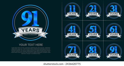 anniversary logotype set vector, blue color with circle and silver ribbon for special day celebration