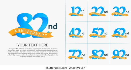 vector del conjunto del logotipo del aniversario, color azul y cinta naranja para la celebración especial del día