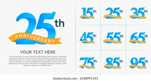 vector del conjunto del logotipo del aniversario, color azul y cinta naranja para la celebración especial del día