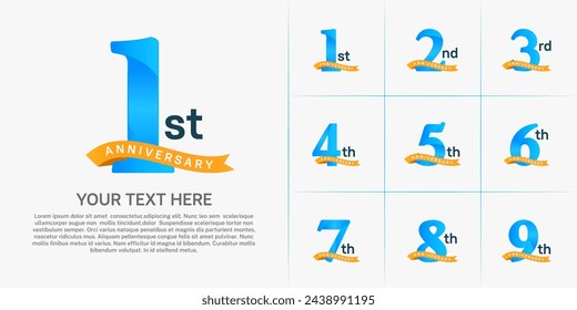 anniversary logotype set vector, blue color and orange ribbon for special day celebration