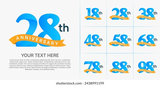 vector del conjunto del logotipo del aniversario, color azul y cinta naranja para la celebración especial del día