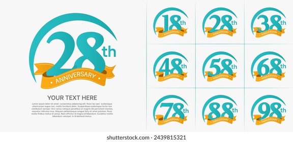 vector del conjunto del logotipo del aniversario, color azul con la cinta naranja para la celebración especial del día