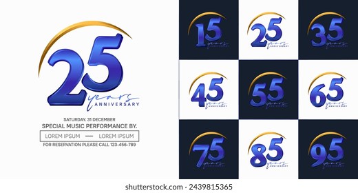 anniversary logotype set vector, blue and golden color with swoosh for special day celebration