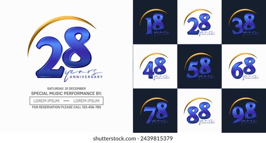 anniversary logotype set vector, blue and golden color with swoosh for special day celebration