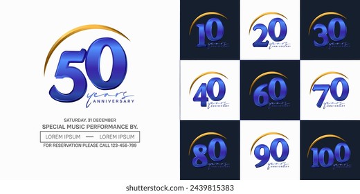 vector del conjunto del logotipo del aniversario, color azul y dorado con swoosh para la celebración especial del día