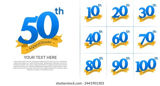 anniversary logotype set vector, blue color and orange ribbon for special day celebration