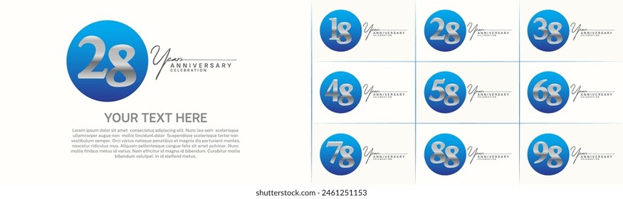 anniversary logotype set vector, blue color circle and silver number for special day celebration