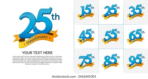 anniversary logotype set vector, blue color and orange ribbon for special day celebration