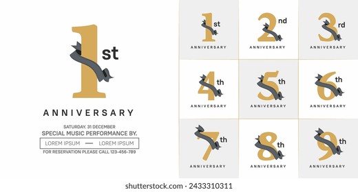 anniversary logotype set vector, brown color and black ribbon for special day celebration