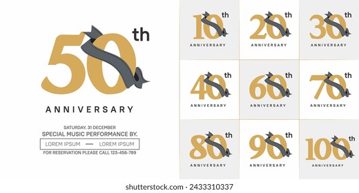 vector del conjunto del logotipo del aniversario, color marrón y cinta negra para la celebración especial del día