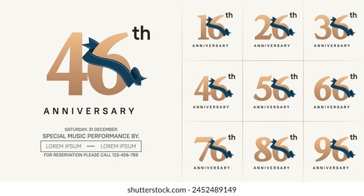 anniversary logotype set vector, brown color and dark blue ribbon for special day celebration