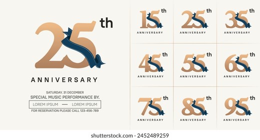 anniversary logotype set vector, brown color and dark blue ribbon for special day celebration