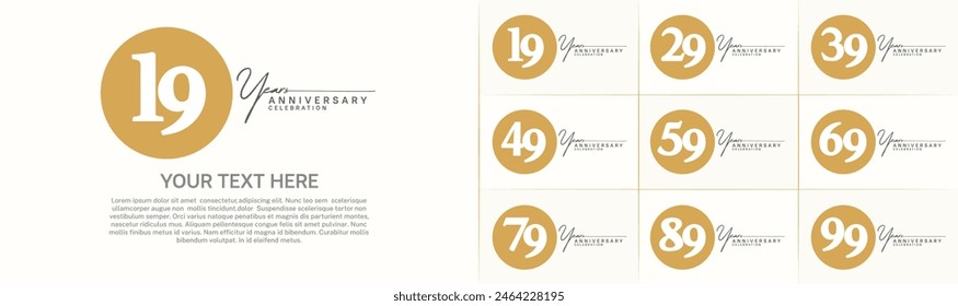 Vector del conjunto del logotipo del aniversario, círculo del color marrón y número blanco para la celebración especial del día