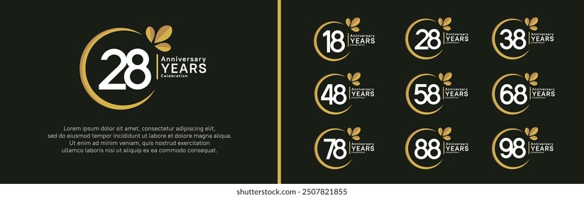 Conjunto de logotipo de aniversario. Diseño de Vector color blanco con anillo amarillo y hoja para un momento especial