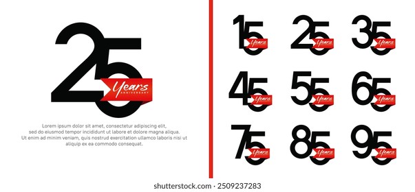 anniversary logotype set. vector design black color with red ribbon can be use for celebration event