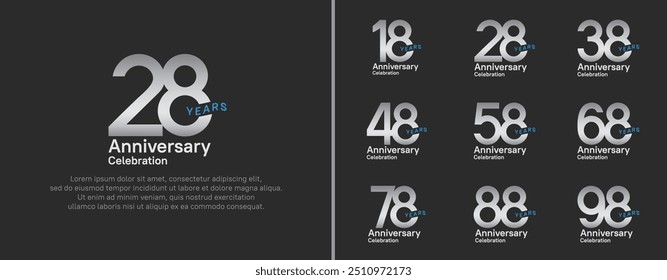 Conjunto de logotipo de aniversario. Diseño de Vector color plateado y azul para el evento de celebración