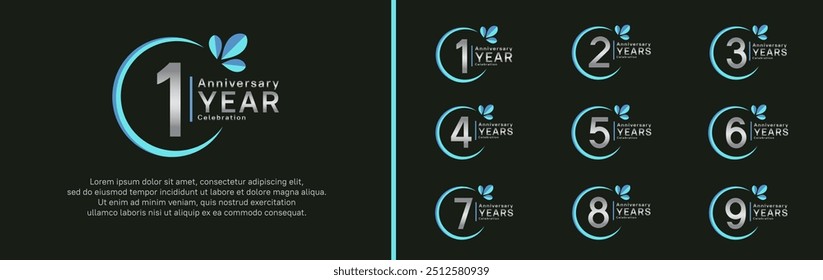 anniversary logotype set. vector design silver color with blue ring and leaf for special moment