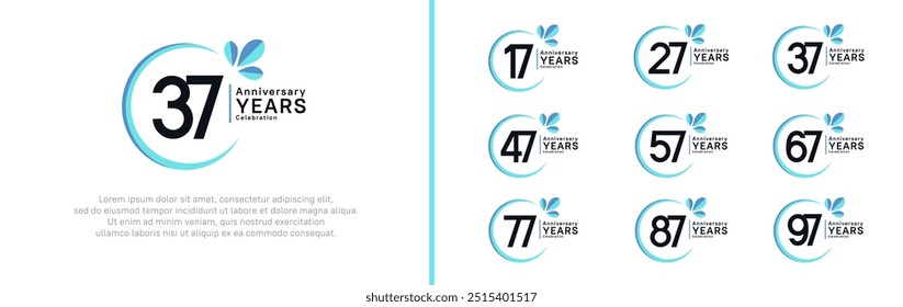 anniversary logotype set. vector design black color with blue ring and leaf for special moment