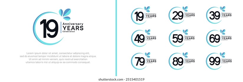 anniversary logotype set. vector design black color with blue ring and leaf for special moment