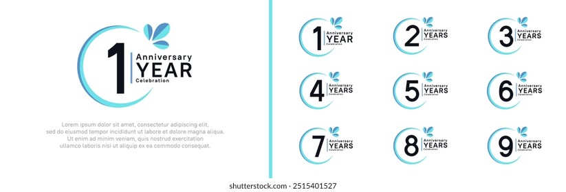 anniversary logotype set. vector design black color with blue ring and leaf for special moment