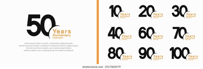 Jubiläums-Logo-Set. Vektordesign schwarz-orange Farbe kann für besonderen Moment verwendet werden