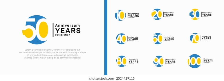 conjunto de logotipos de aniversário. design de vetor azul e amarelo cor pode ser usado para momento de celebração