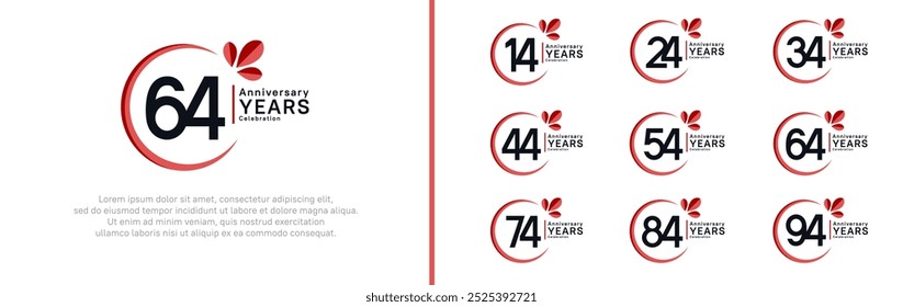 Conjunto de logotipo de aniversario. Diseño de Vector color negro con anillo rojo y hoja para un momento especial