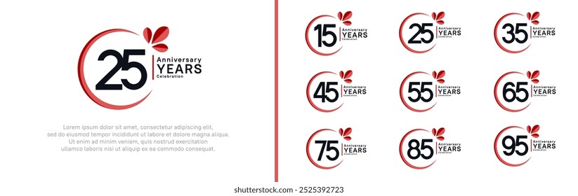 anniversary logotype set. vector design black color with red ring and leaf for special moment