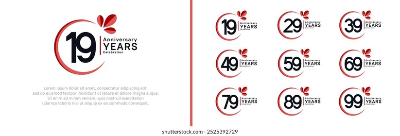 anniversary logotype set. vector design black color with red ring and leaf for special moment