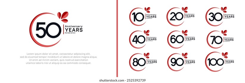 conjunto de logotipos de aniversário. design de vetor cor preta com anel vermelho e folha para momento especial