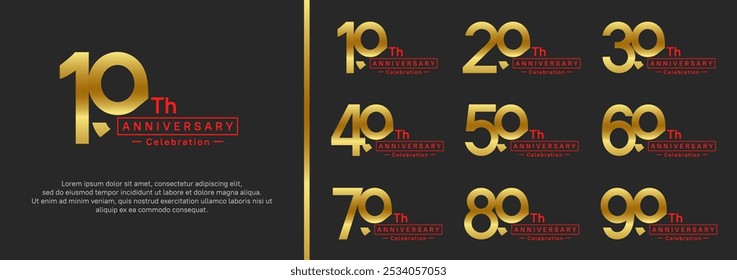 anniversary logotype set. vector design gold and red color for special moment