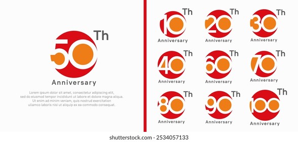 Conjunto de logotipos de aniversario. Vector de diseño rojo y naranja se puede utilizar para el momento de la celebración