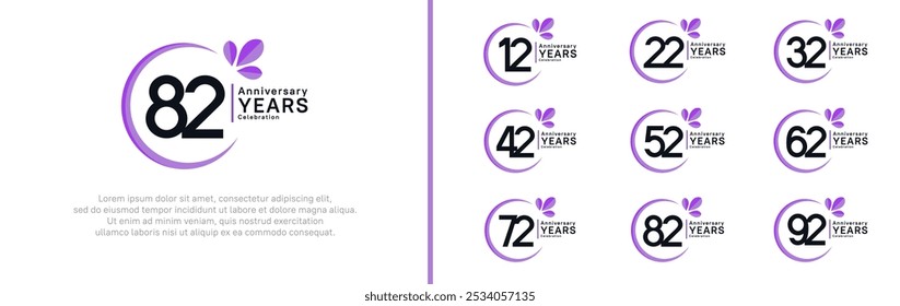 anniversary logotype set. vector design black color with purple ring and leaf for special moment