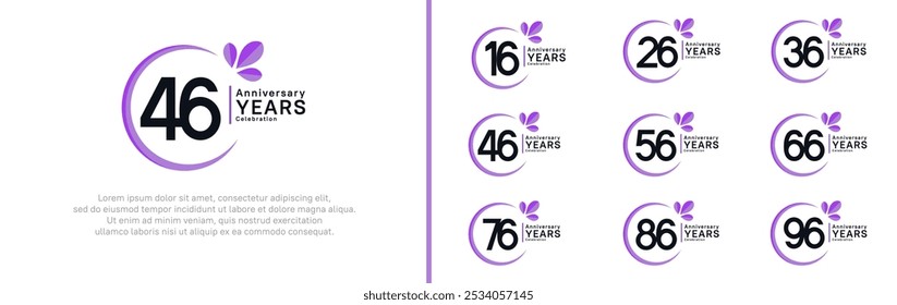 anniversary logotype set. vector design black color with purple ring and leaf for special moment