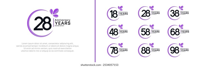 anniversary logotype set. vector design black color with purple ring and leaf for special moment