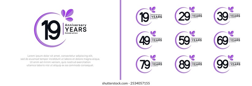 anniversary logotype set. vector design black color with purple ring and leaf for special moment