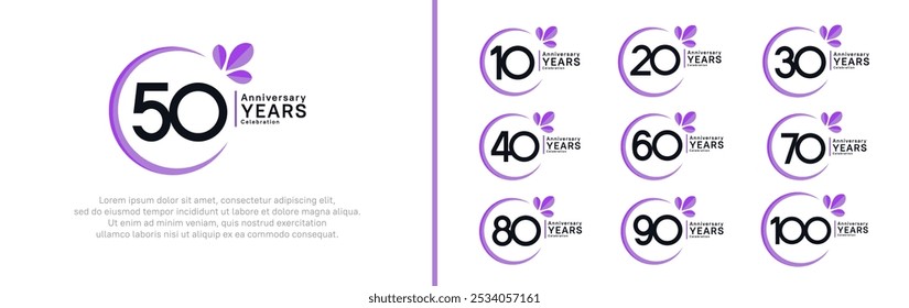 anniversary logotype set. vector design black color with purple ring and leaf for special moment